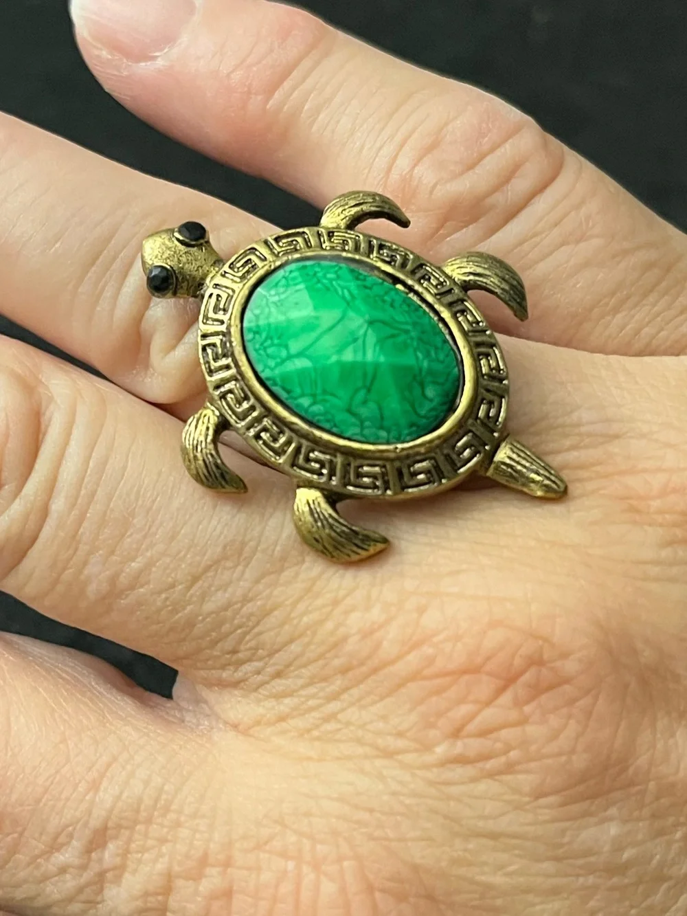 Vintage Turtle Ring with Green Faceted Stone and Antique Gold Finish Adjustable